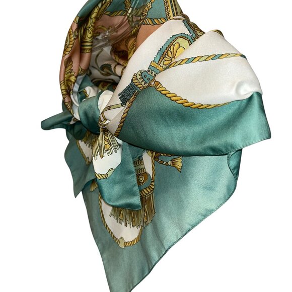 teal gold Italy vintage baroque tassels print scarf - Picture 3 of 4